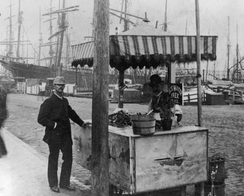 Fresh oyster stand, South Street, New York.