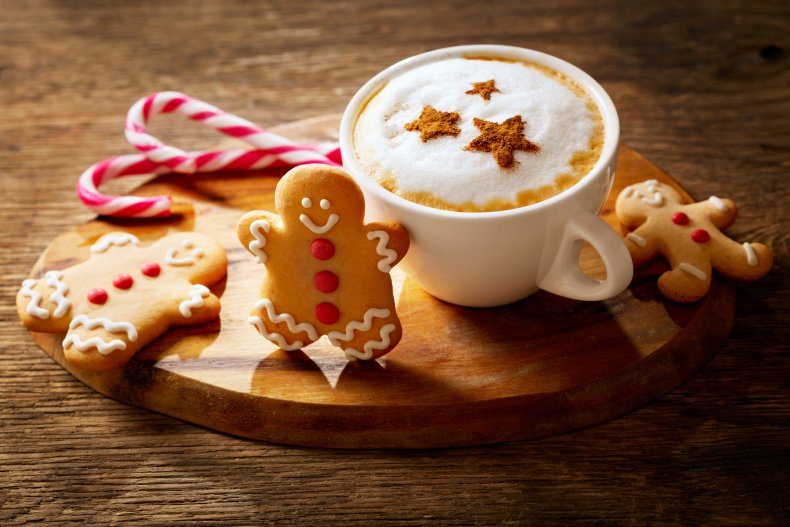 A Christmas-themed cup of cappuccino 