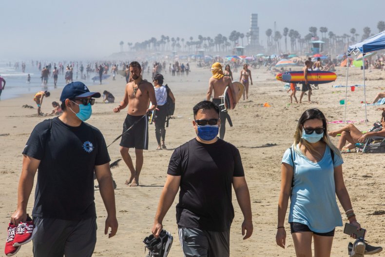 People wearing face masks on beach