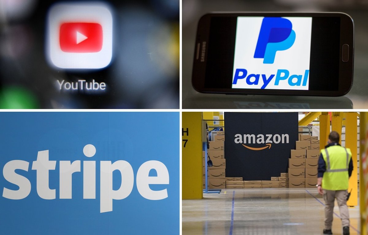 YouTube PayPal Stripe Amazon logos KIRILL KUDRYAVTSEV / JACQUES DEMARTHON / TED SOQUI / SEBASTIEN BOZON / GETTY