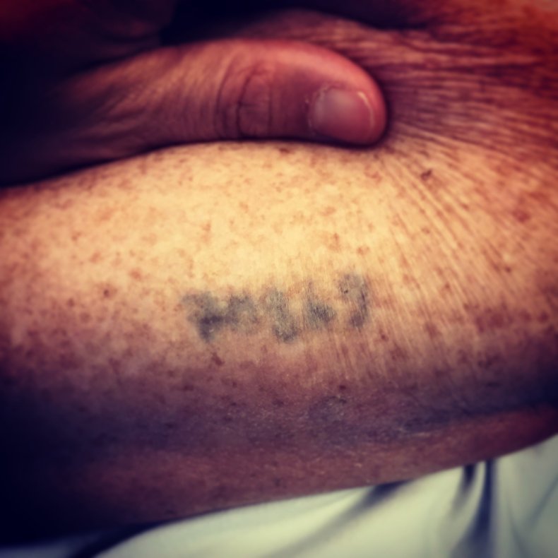 Auschwitz survivor's camp tattoo. 