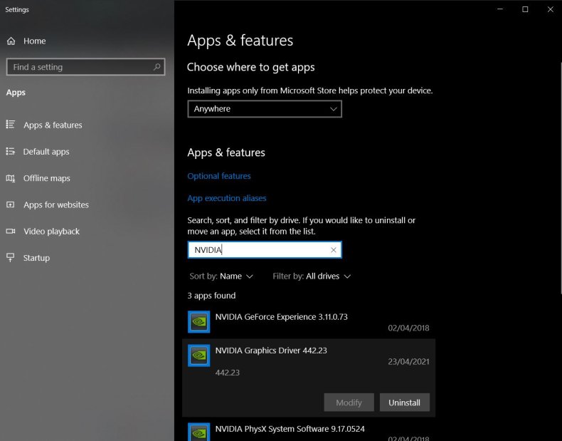 Apps & Features Menu in Windows