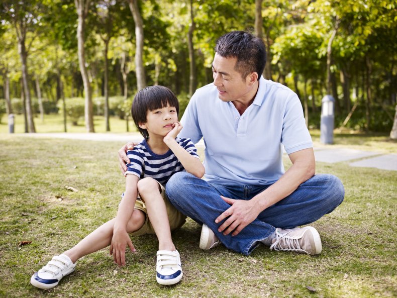 A father and son at a park.