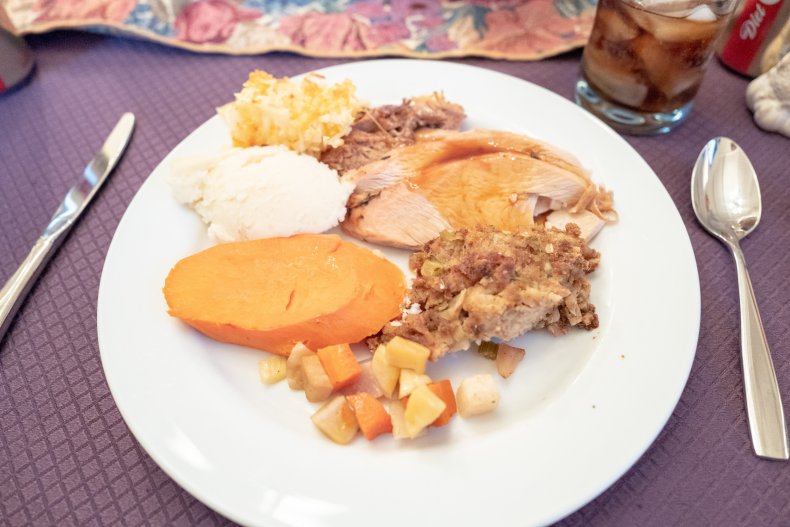  A table with an American Thanksgiving meal
