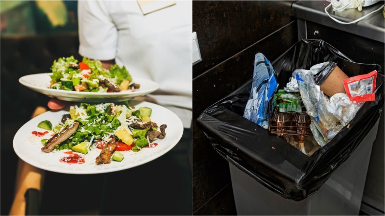 Two plates of food and a bin.