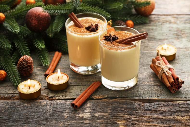 Glasses of eggnog on a table.