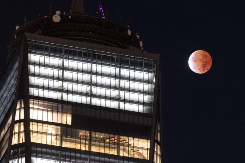 Partial lunar eclipse above New York City