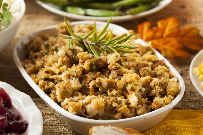 Homemade stuffing in a casserole dish.