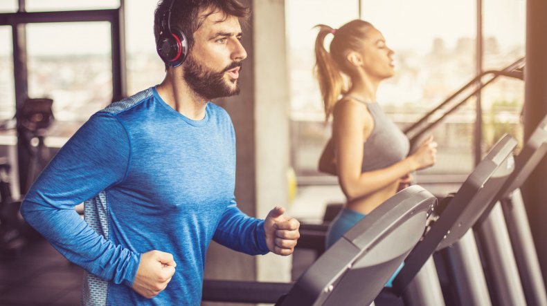 People running on treadmills. 