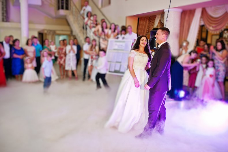 A bride and groom at their wedding.