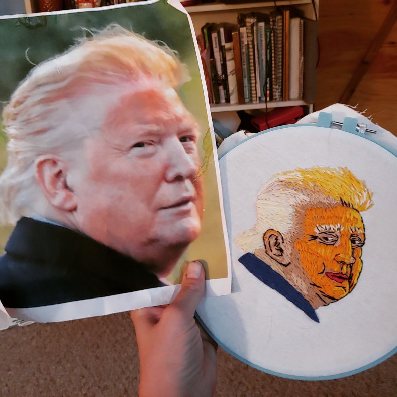 An embroidery of President Donald Trump.