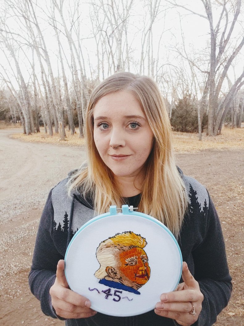 Karen Lundquist and her Trump embroidery