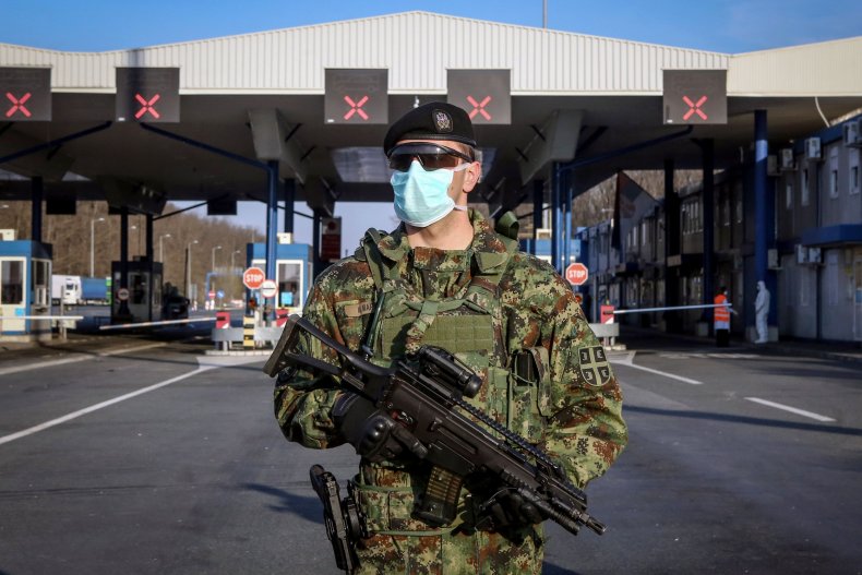 Serbian soldier at Croatia border during COVID