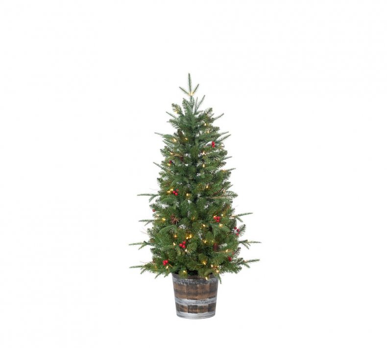 Pre-Lit Potted Faux Pine Tree With Red 