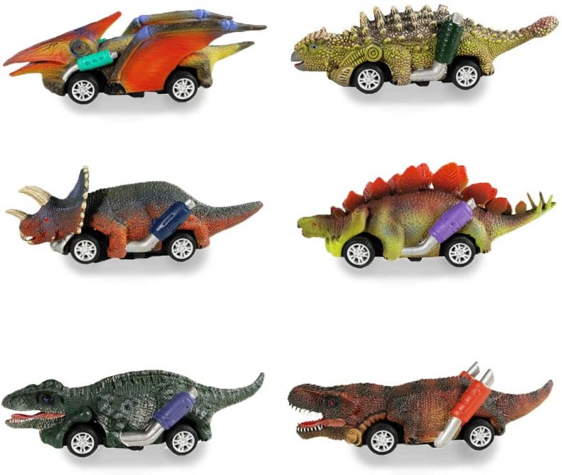 Dinosaur-shaped cars made with pull-back feature.