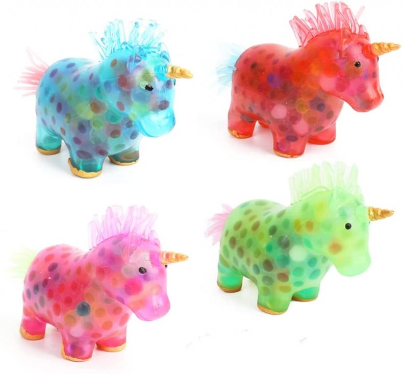 Colorful unicorn-shaped stress balls.