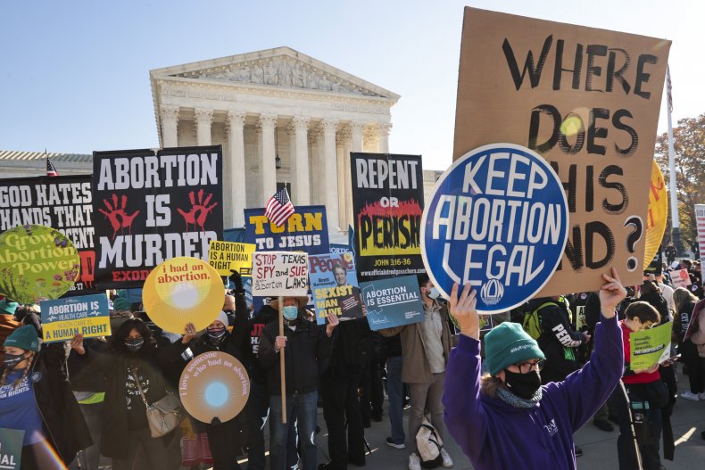 Demonstrators Hold Signs Outside the Supreme Court