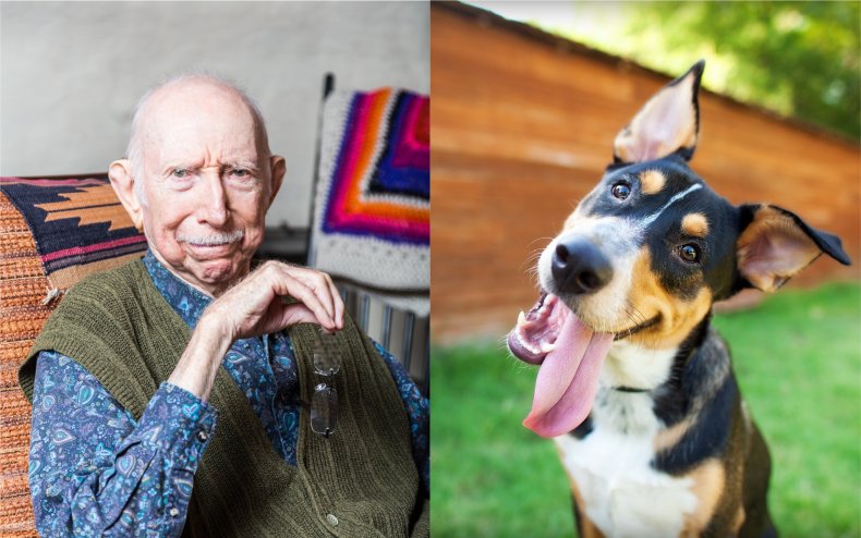 An elderly man and a dog.
