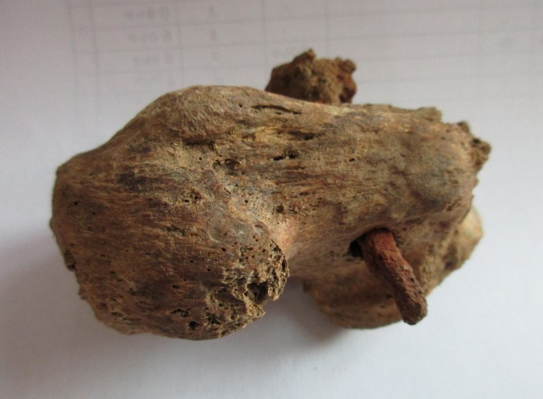 Bone with nail through it