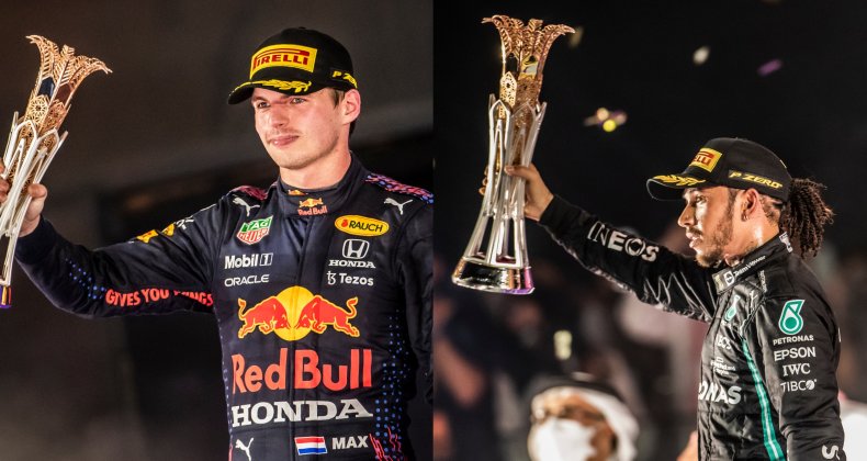 Lewis Hamilton and Max Verstappen trophy