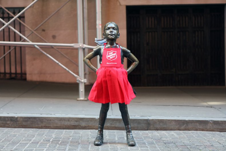 Fearless Girl Statue in Salvation Army outfit