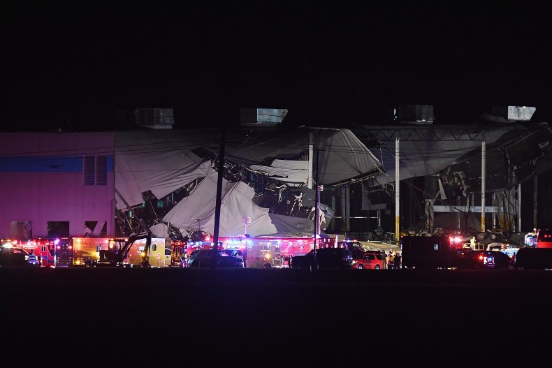 Emergency services at a collapsed amazon warehouse.