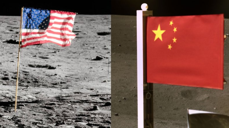 US, China, flag, moon