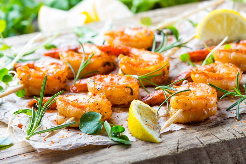 Grilled shrimp on a skewer.