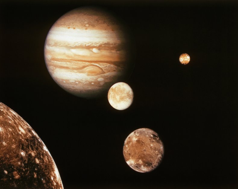 Composite of Jupiter and four Galilean moons.