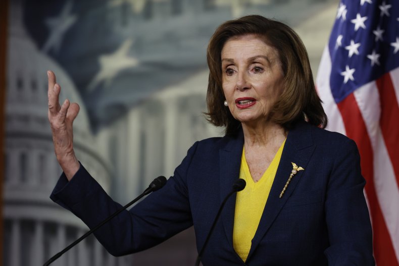 House Speaker Nancy Pelosi talks to reporters