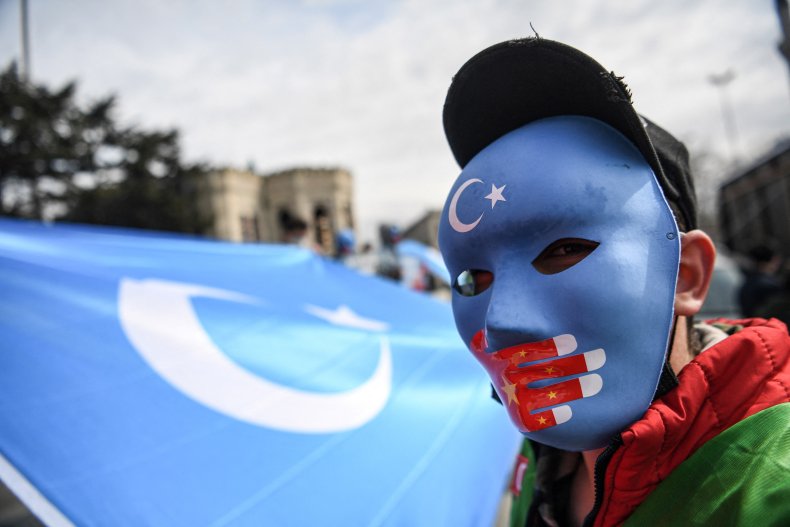 Uyghur protester at demonstration in Istanbul Turkey