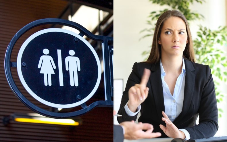 A bathroom sign and an angry boss.