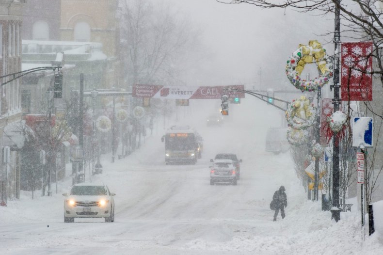A snow-covered Massachusetts street in December 2020.