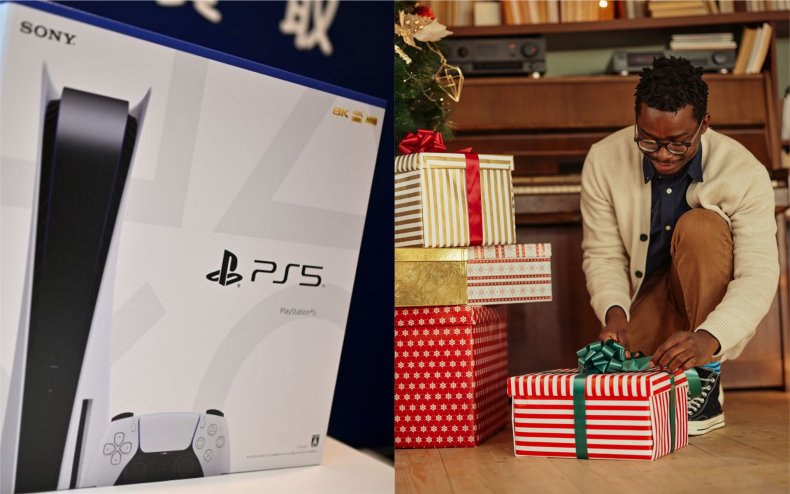 A PS5 and a man opening presents.