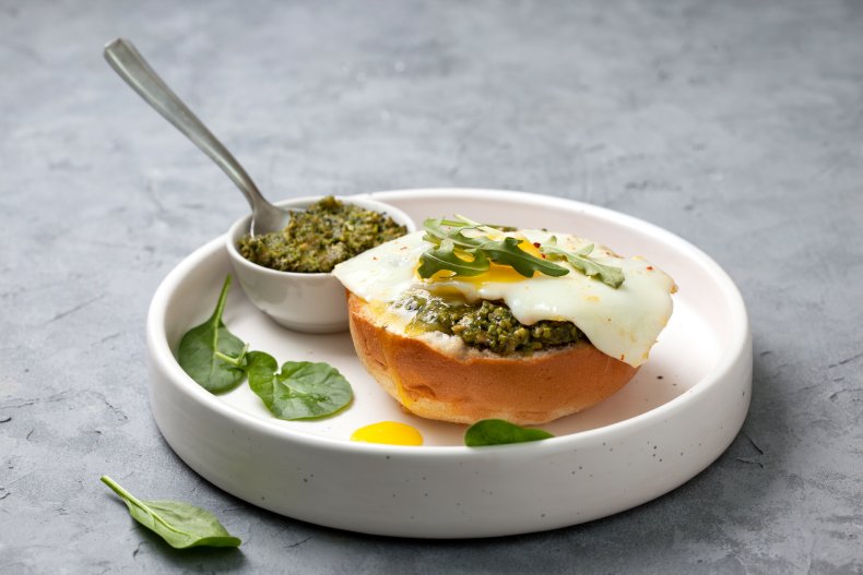 Crispy Eggs With Cherry Tomatoes & Pesto