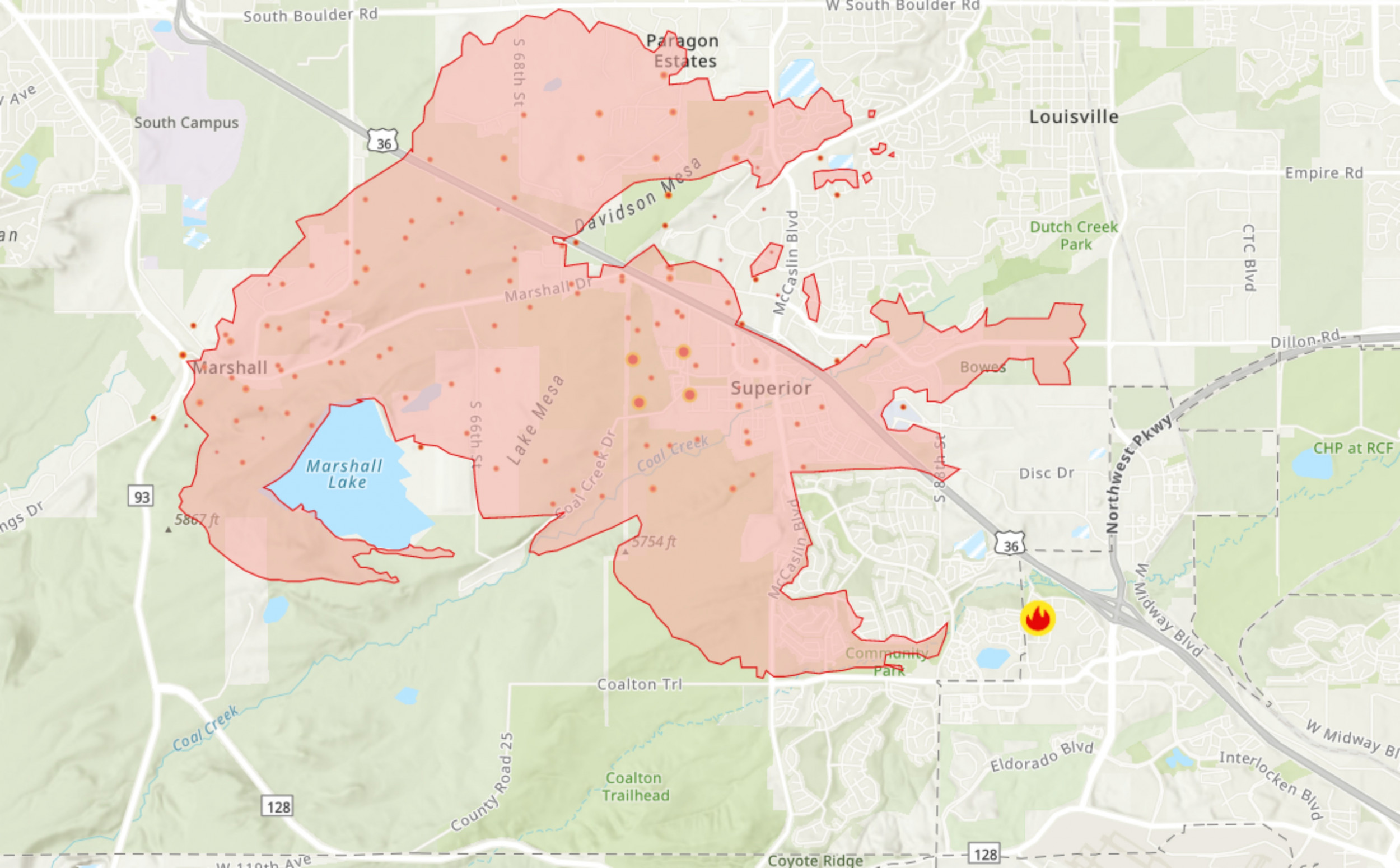 Boulder, Colorado Fire Evacuation Map as Marshall, Superior Blazes 