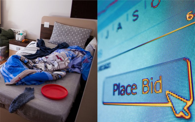 An untidy bed and an online auction.
