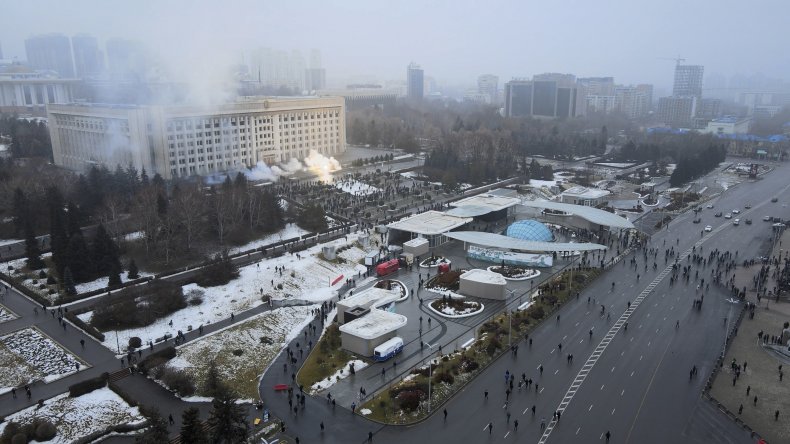Almaty, Kazakhstan, protest, fire