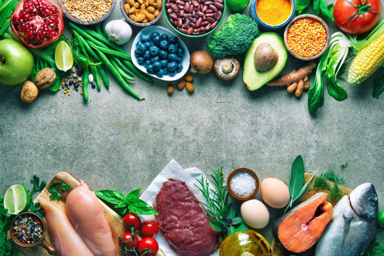 Aerial of vegetables, fruits, legumes, seeds, meats.