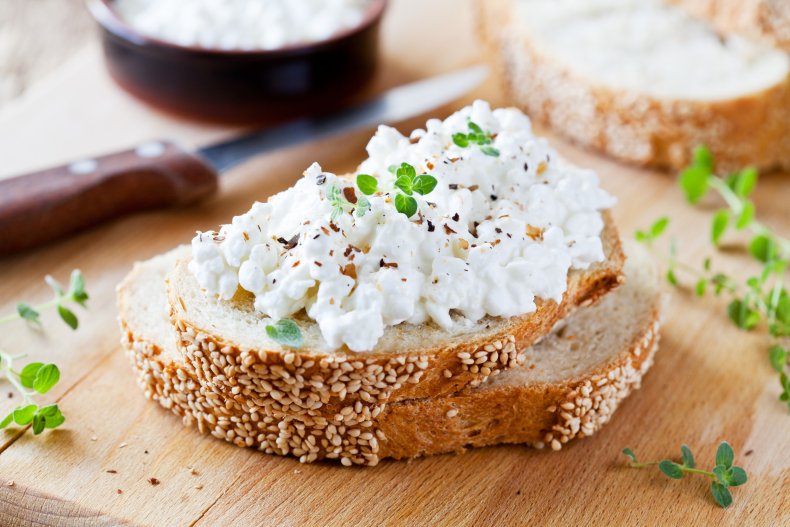 Cottage cheese served seeded bread.