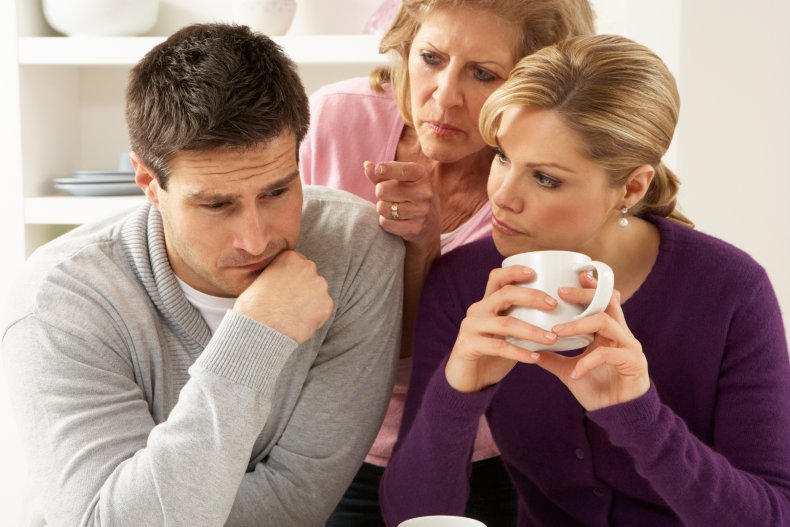 A guilty looking husband, wife and mother-in-law.