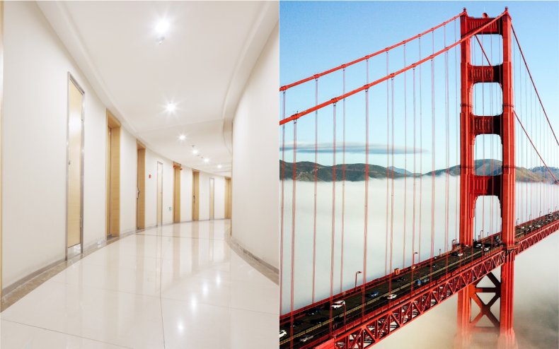 A corridor and the Golden Gate Bridge.