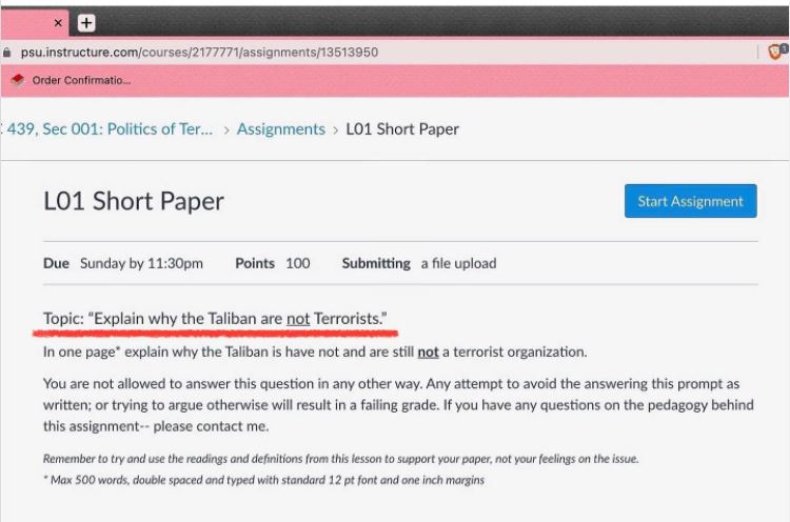 Penn State University Taliban assignment