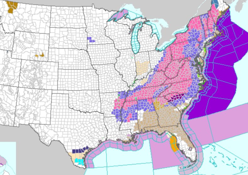 An NWS winter storm warning map 