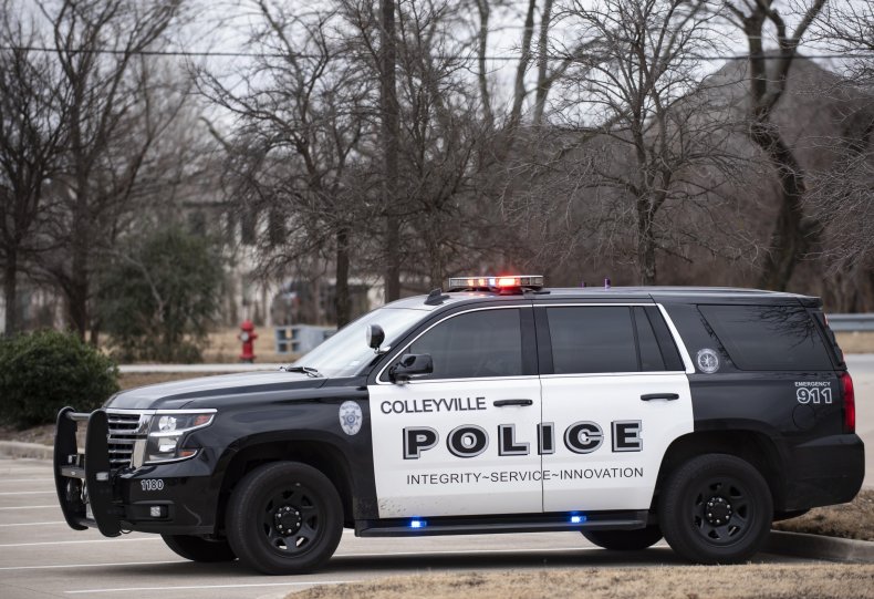 A Colleyville Police vehicle in the street.