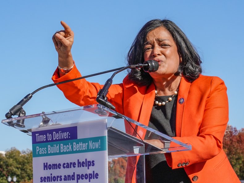 Pramlia Jayapal addresses Build Back Better rally