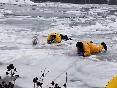 Fire fighters rescue dog on frozen river