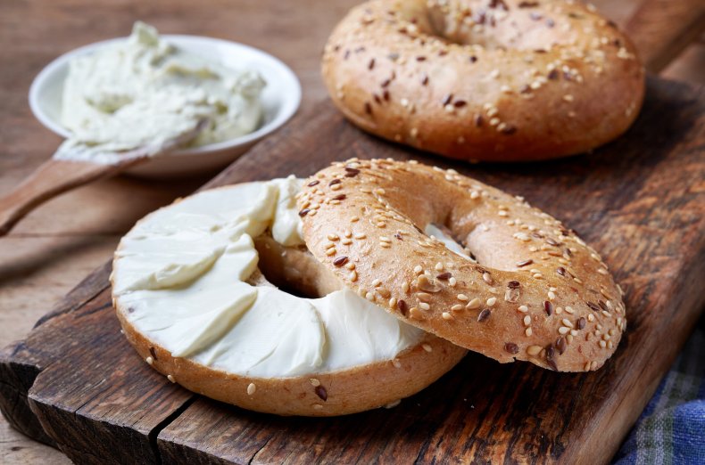 Stock photo of bagel with cream cheese