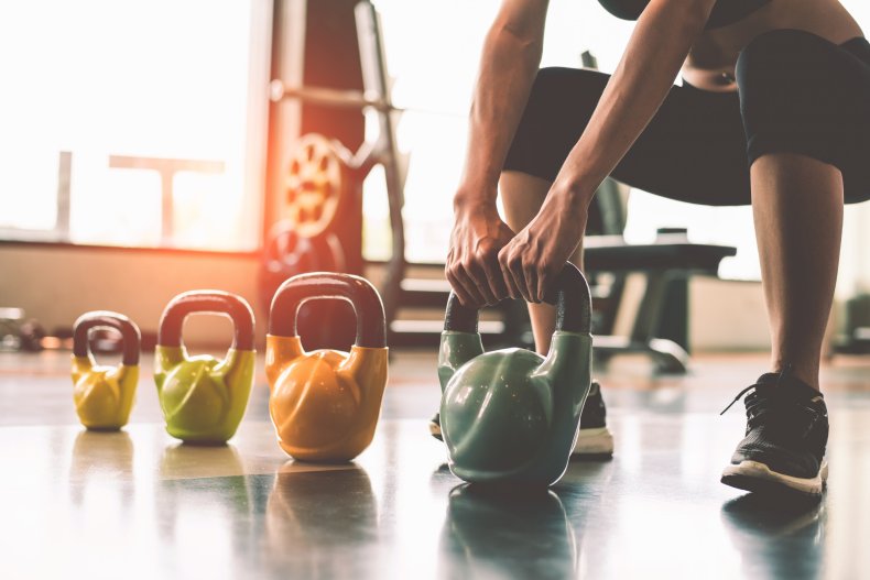 Kettlebells seen at a gym.