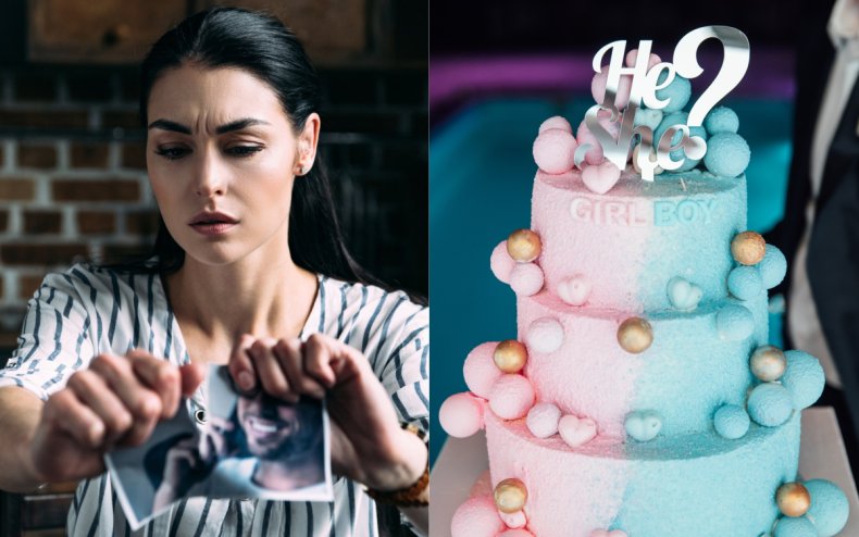 An unhappy woman and gender reveal cake.